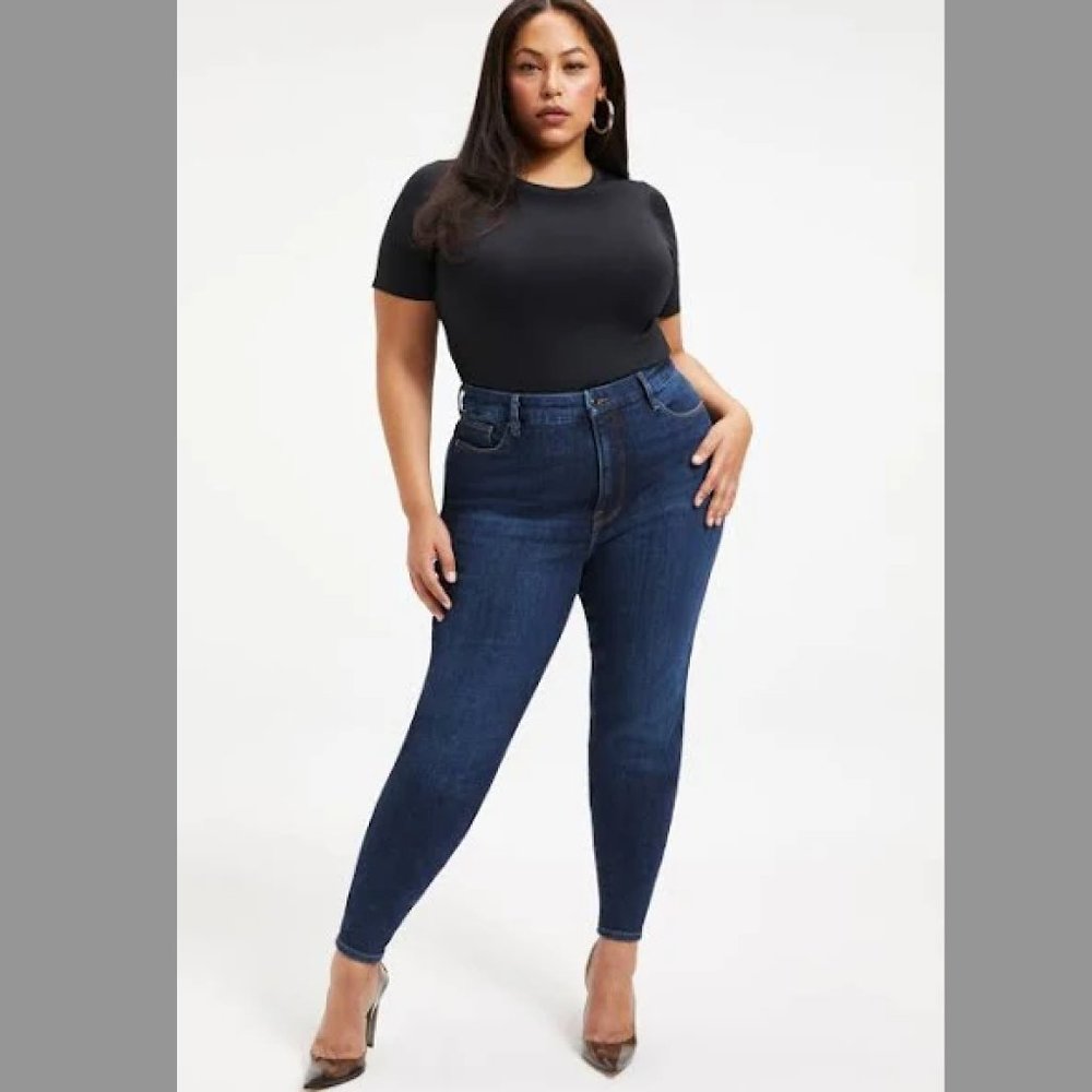 Good American Good Waist Chewed Pockets Stretchy Skinny Indigo 203 Size 14/32